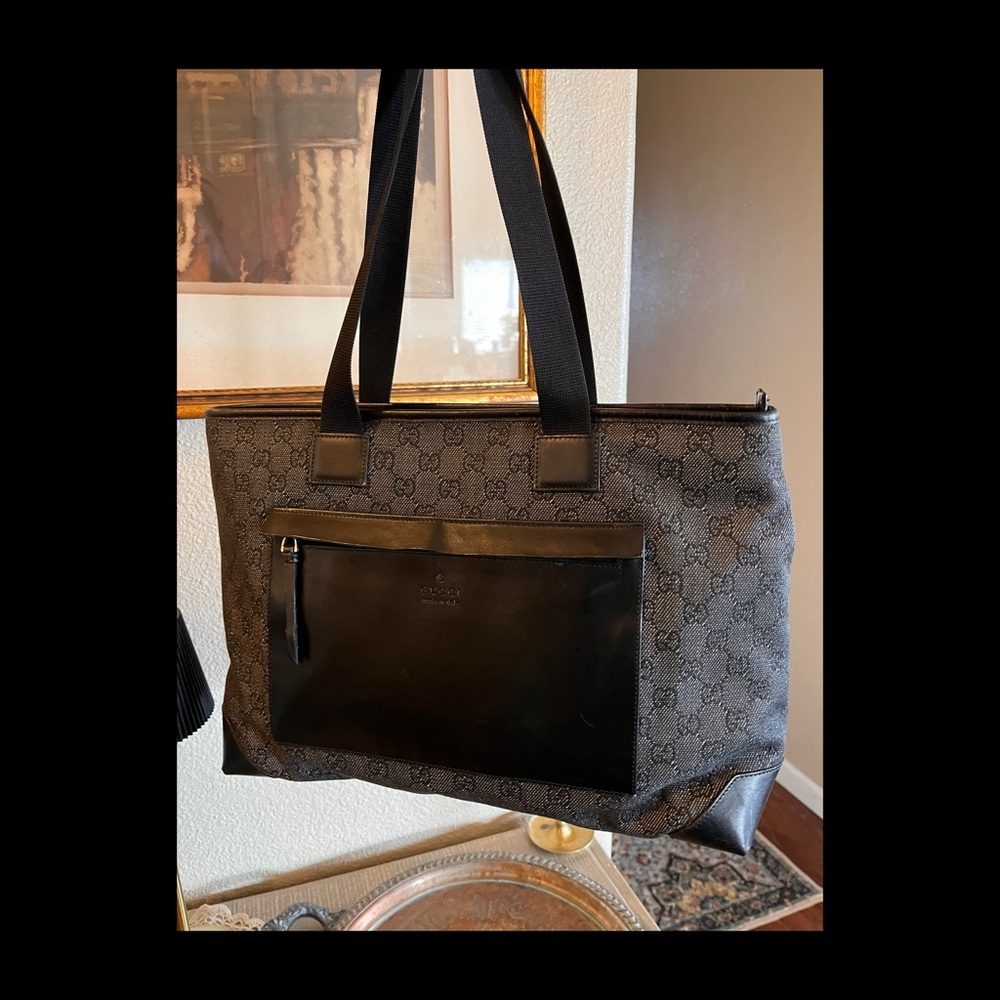Gucci Black GG Canvas Tote with Leather Front Pocket